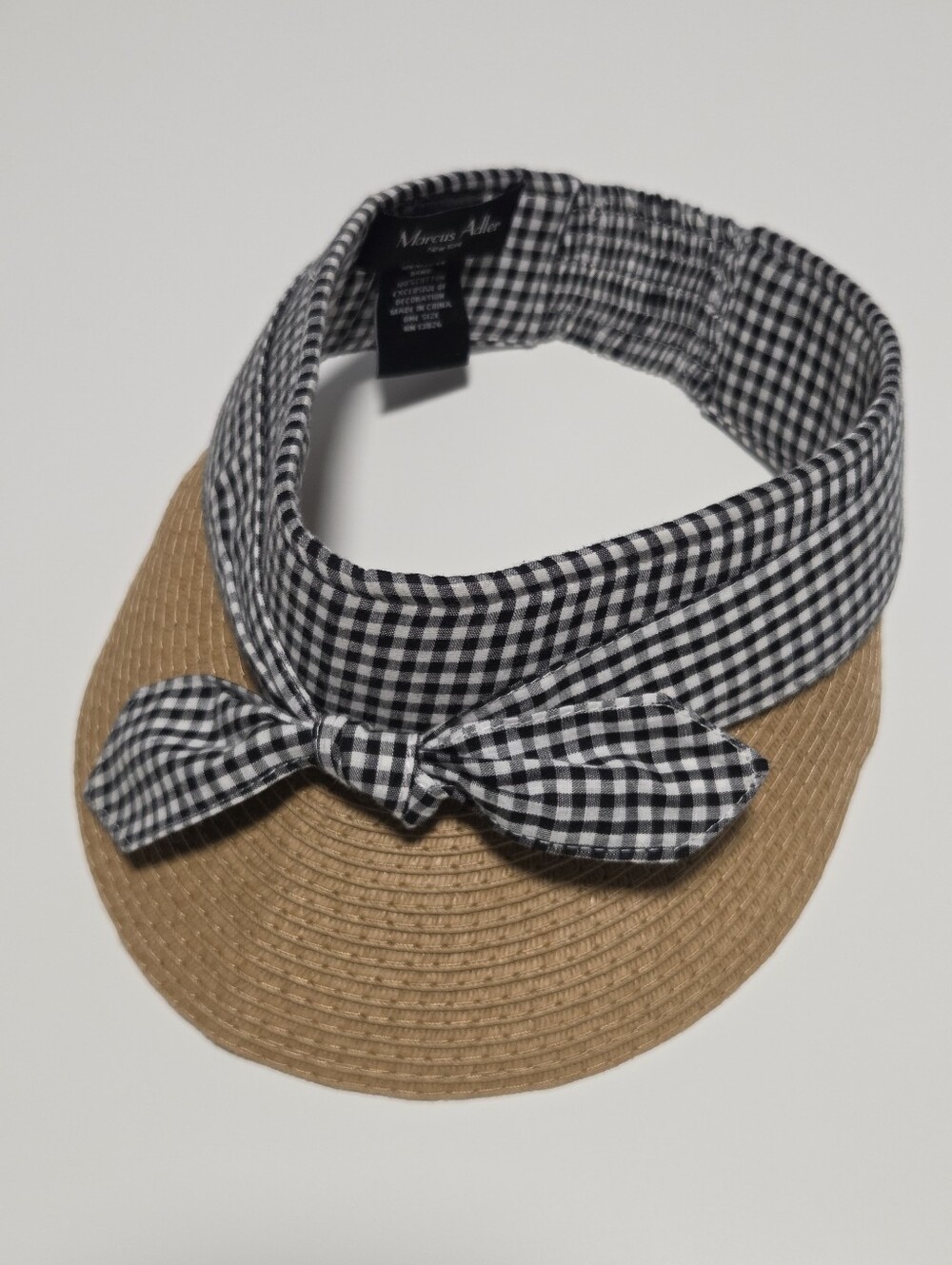 Marcus Adler NY Black Gingham Straw Sun Visor Hat OS